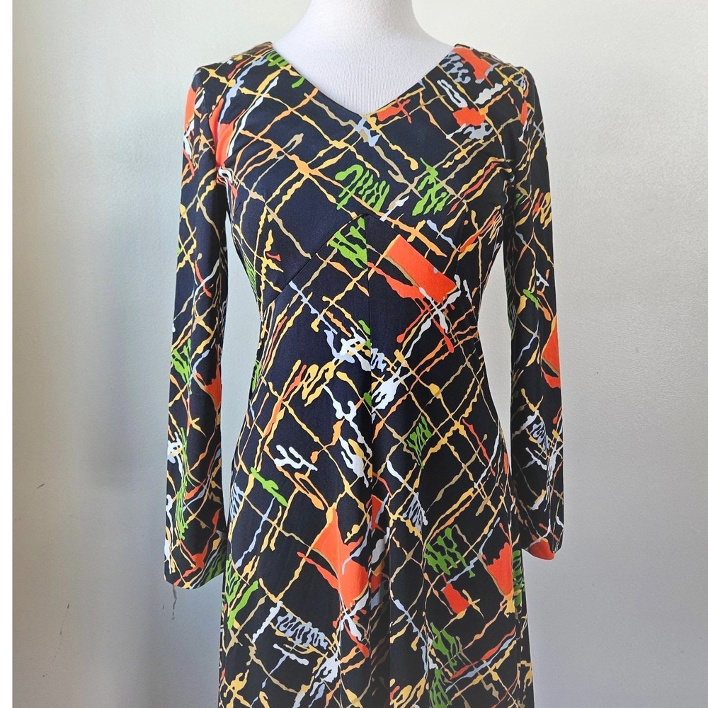 Vintage 70s Handmade Abstract Splatter Paint Art Maxi Dress Hippie Polyester S/M